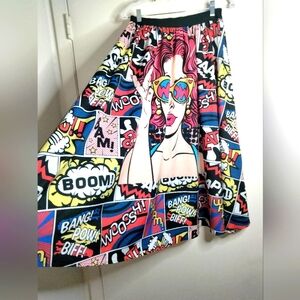 Pop Art (Size L) Multicolored Comic Book Graphic Midi/Maxi Pull-on Swing Skirt